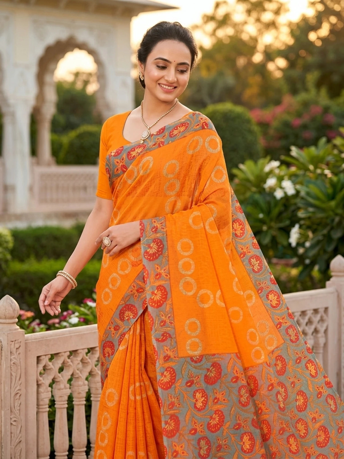 Minu fashions Printed Daily Wear Cotton Blend Saree (Orenge)