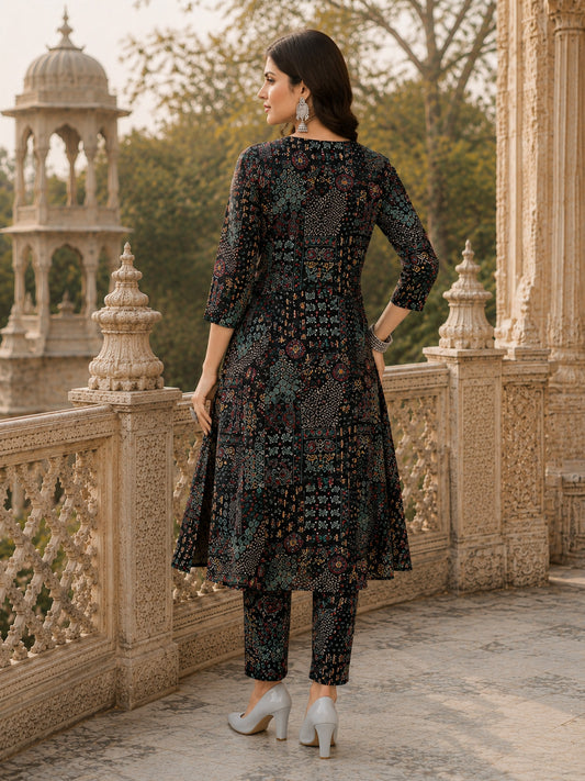 Parineeti Women Black Floral Printed Rayon A-Line Co-Ord Set with Trousers | Ank