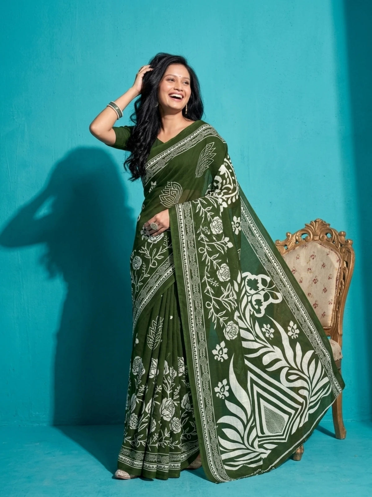 Minu fashions Printed Daily Wear Pure Cotton Saree (Green)