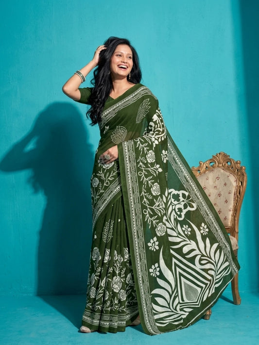 Minu fashions Printed Daily Wear Pure Cotton Saree (Green)