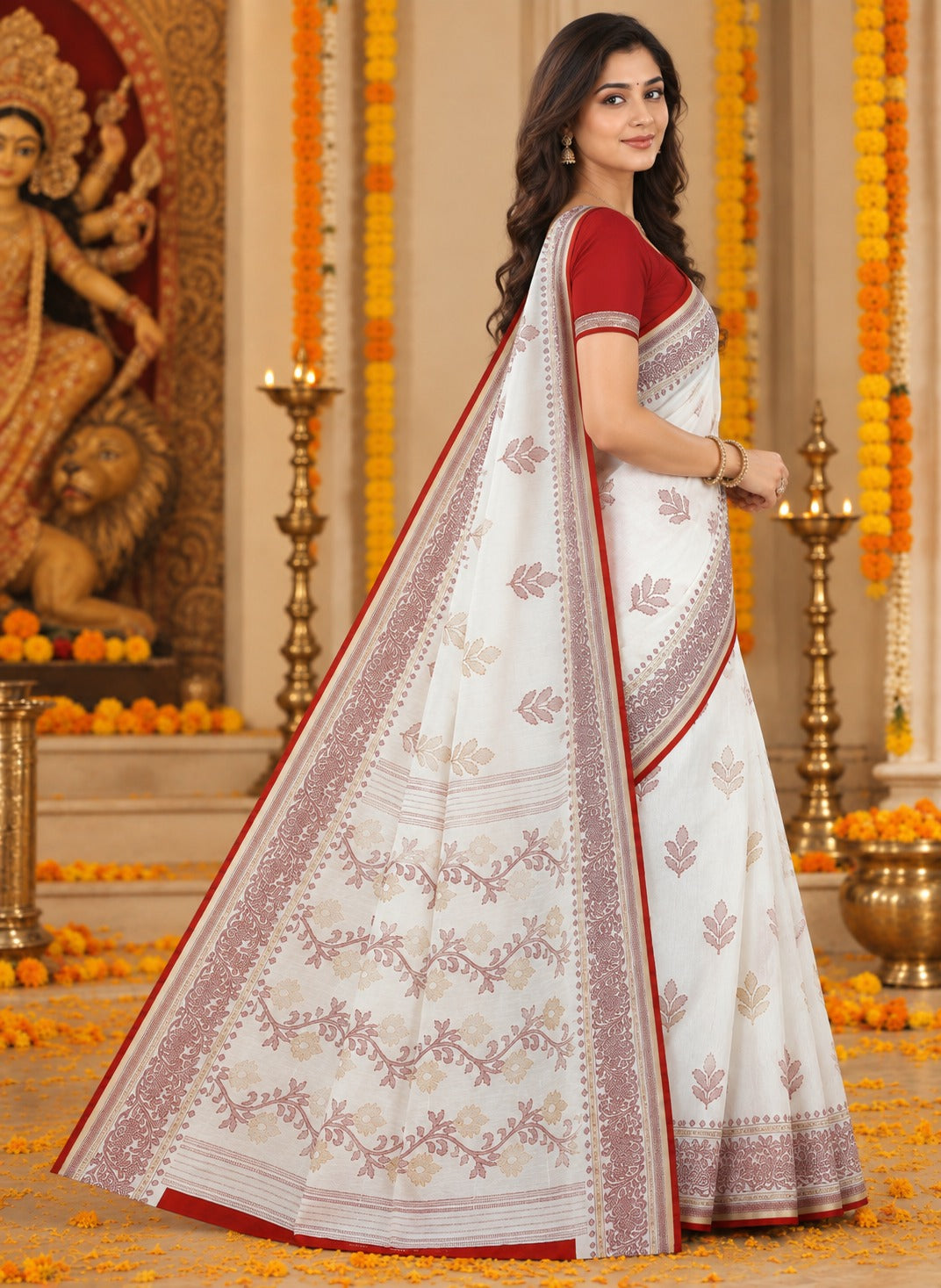 Red & White Floral Bengali Saree for Durga Puja | Traditional Festive Saree with Elegant Motifs