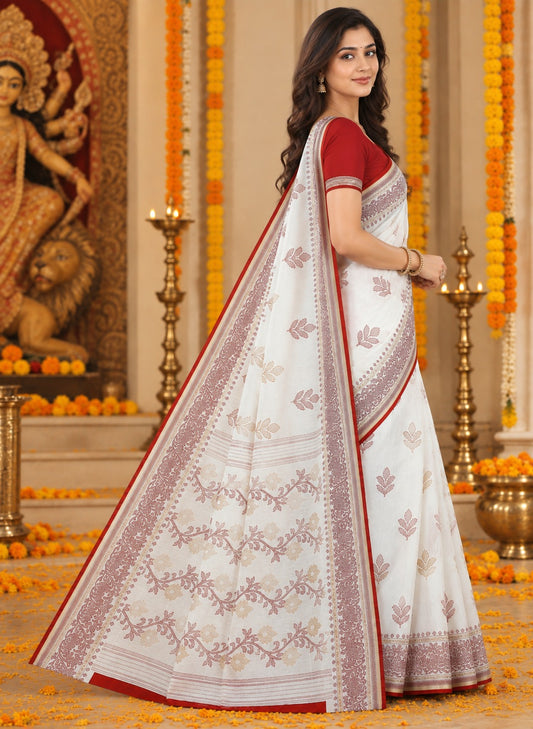 Red & White Floral Bengali Saree for Durga Puja | Traditional Festive Saree with Elegant Motifs