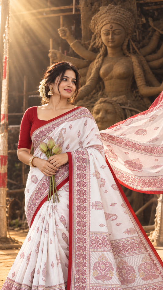 White & Red Traditional Bengali Saree for Durga Puja | Elegant Printed Motif Festive Saree