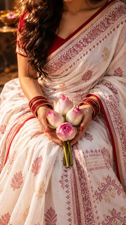 Red & White Floral Bengali Saree for Durga Puja | Traditional Festive Saree with Elegant Motifs