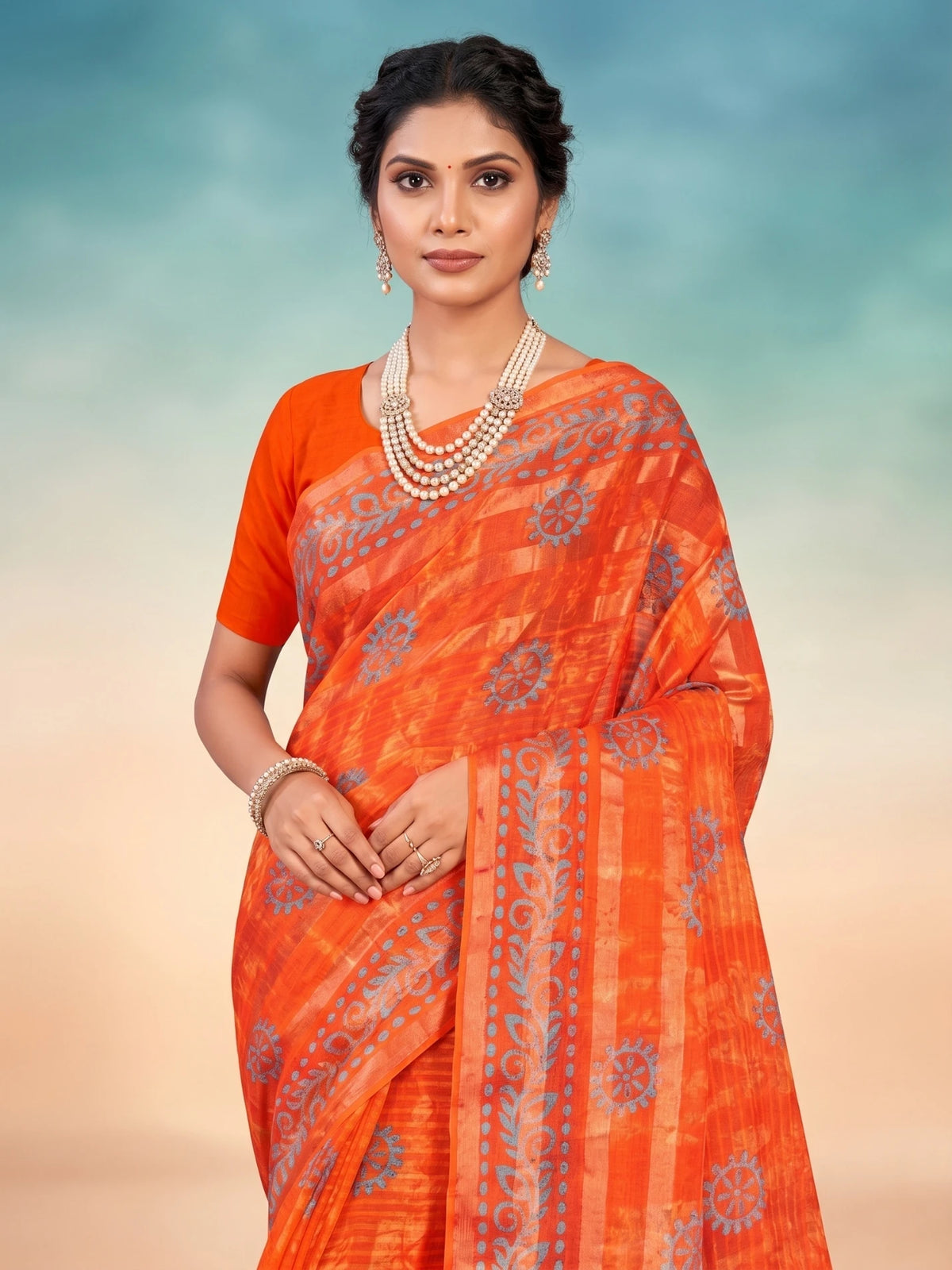 Minu fashions Printed Daily Wear Pure Cotton Saree ( Orange )