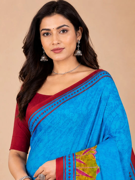 Minu fashions Printed, Floral Print Daily Wear Pure Cotton Saree (Blue)