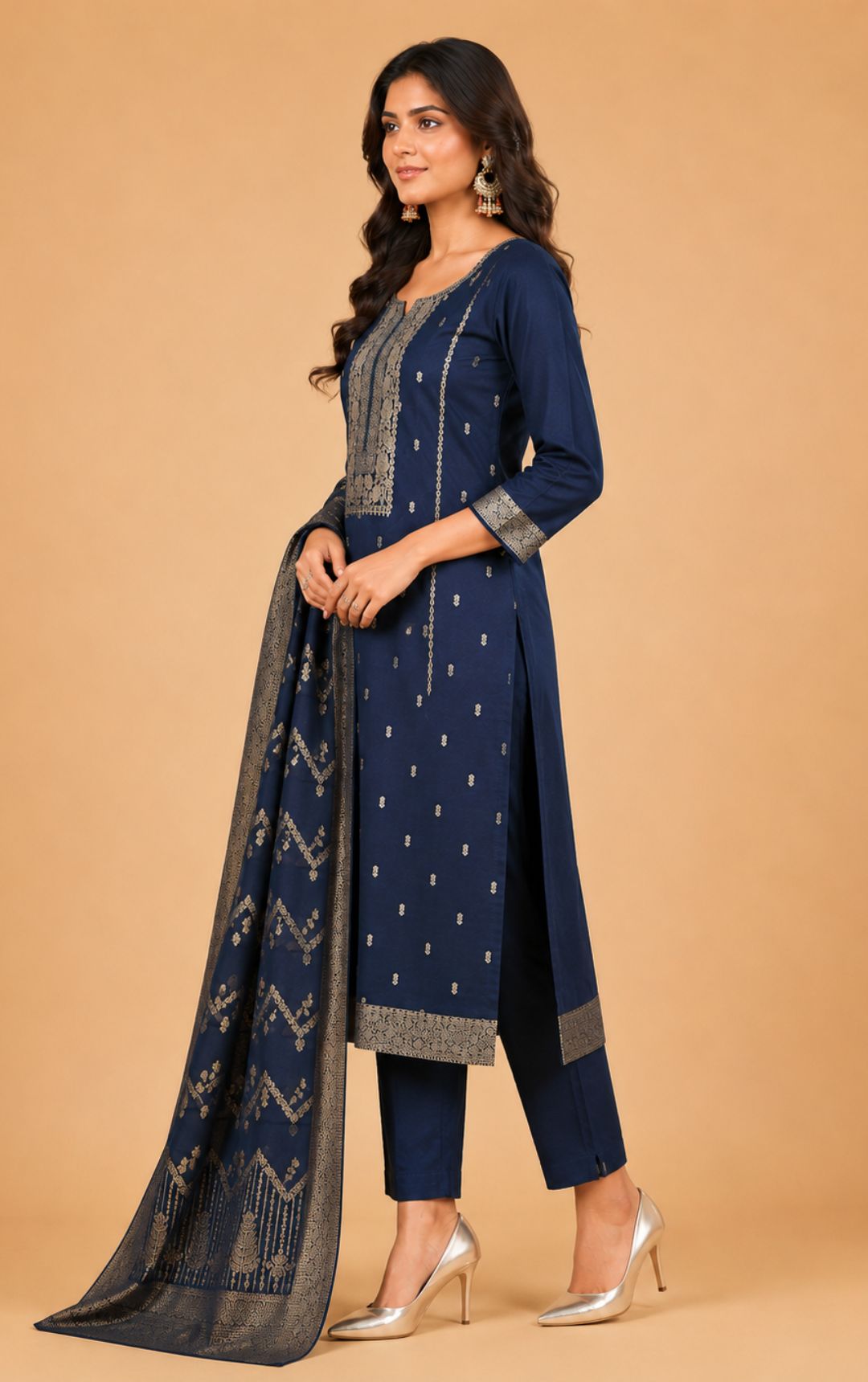 Women's Navy Blue Pure Cotton Woven Design Kurta with Trousers & Dupatta