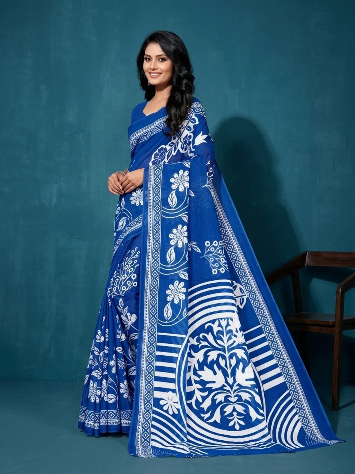 Minu fashions Printed Daily Wear Pure Cotton Saree (Dark Blue)