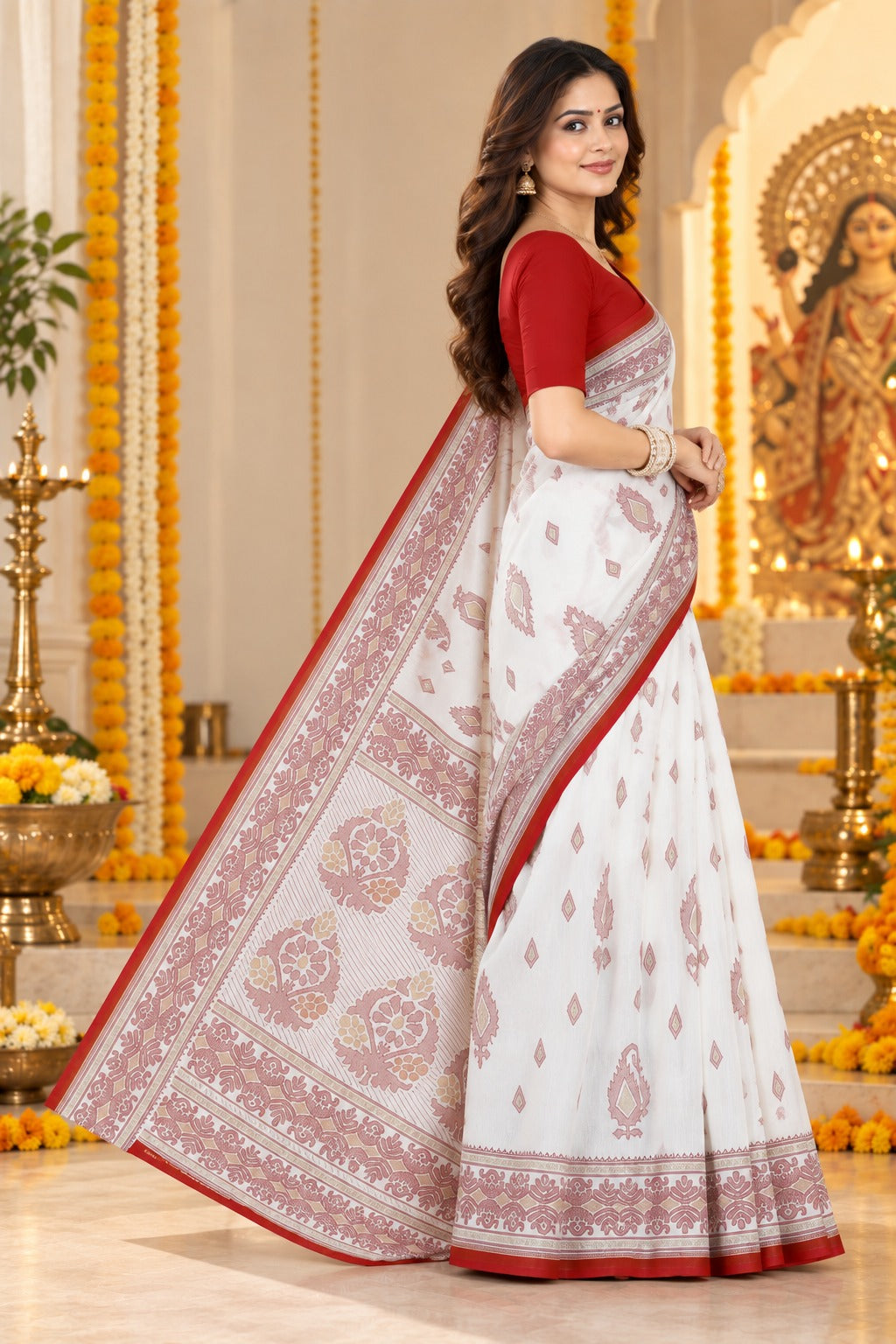 White & Red Traditional Bengali Saree for Durga Puja | Elegant Printed Motif Festive Saree