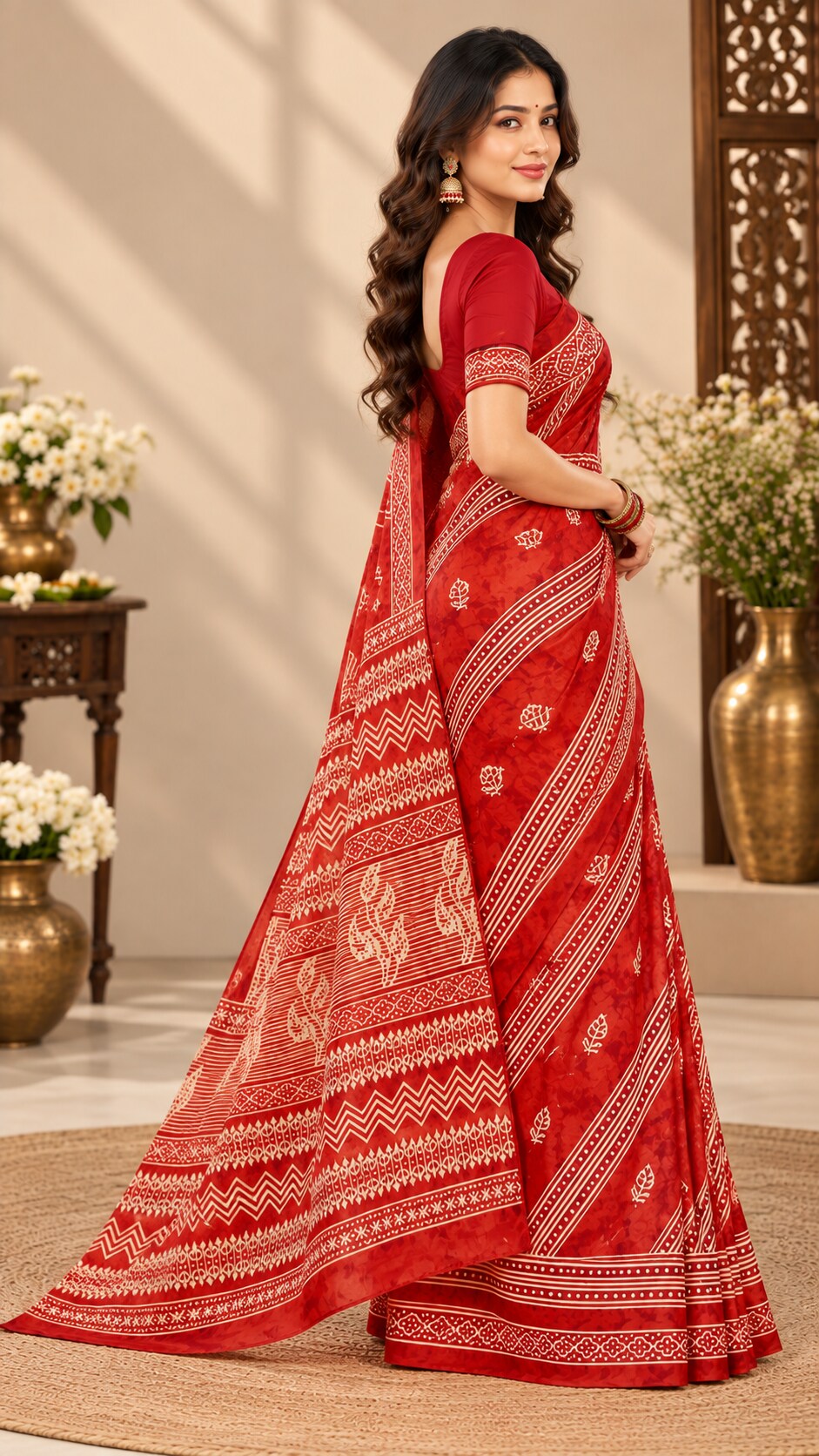 MINU | Red Traditional Printed Saree with Intricate Border & Pallu