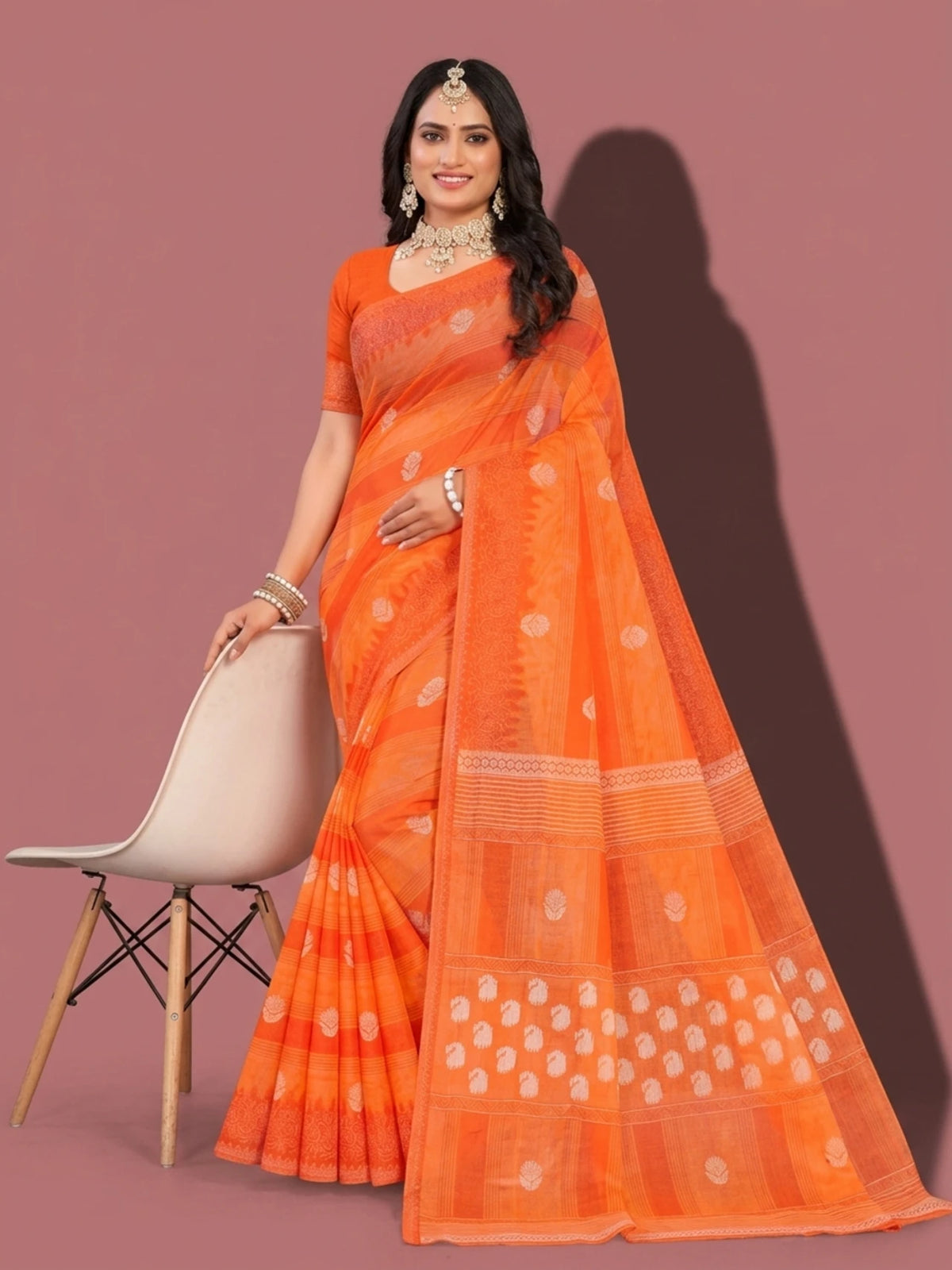 Minu fashions Printed Daily Wear Pure Cotton Saree (Orange)