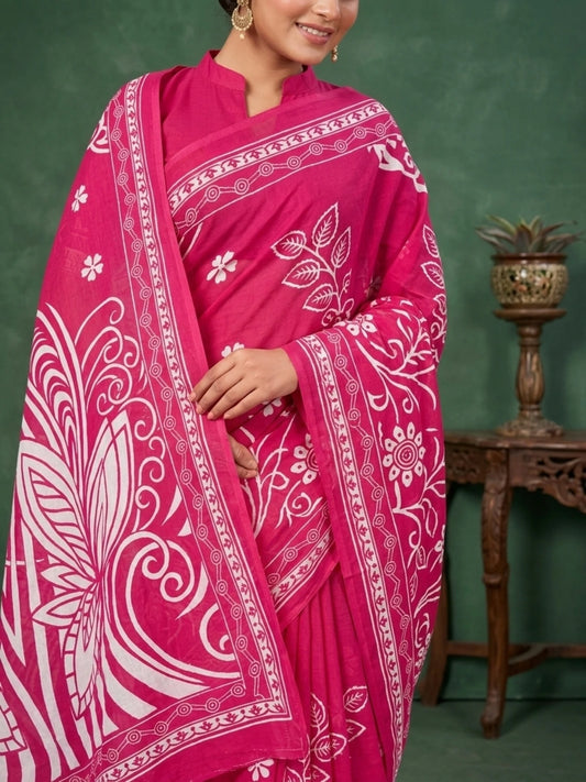Minu fashions Printed Daily Wear Pure Cotton Saree (Pink)