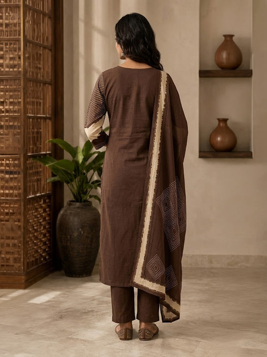 Himanshi Women Brown Pure Cotton Straight Kurta Set with Palazzo & Dupatta | Ank