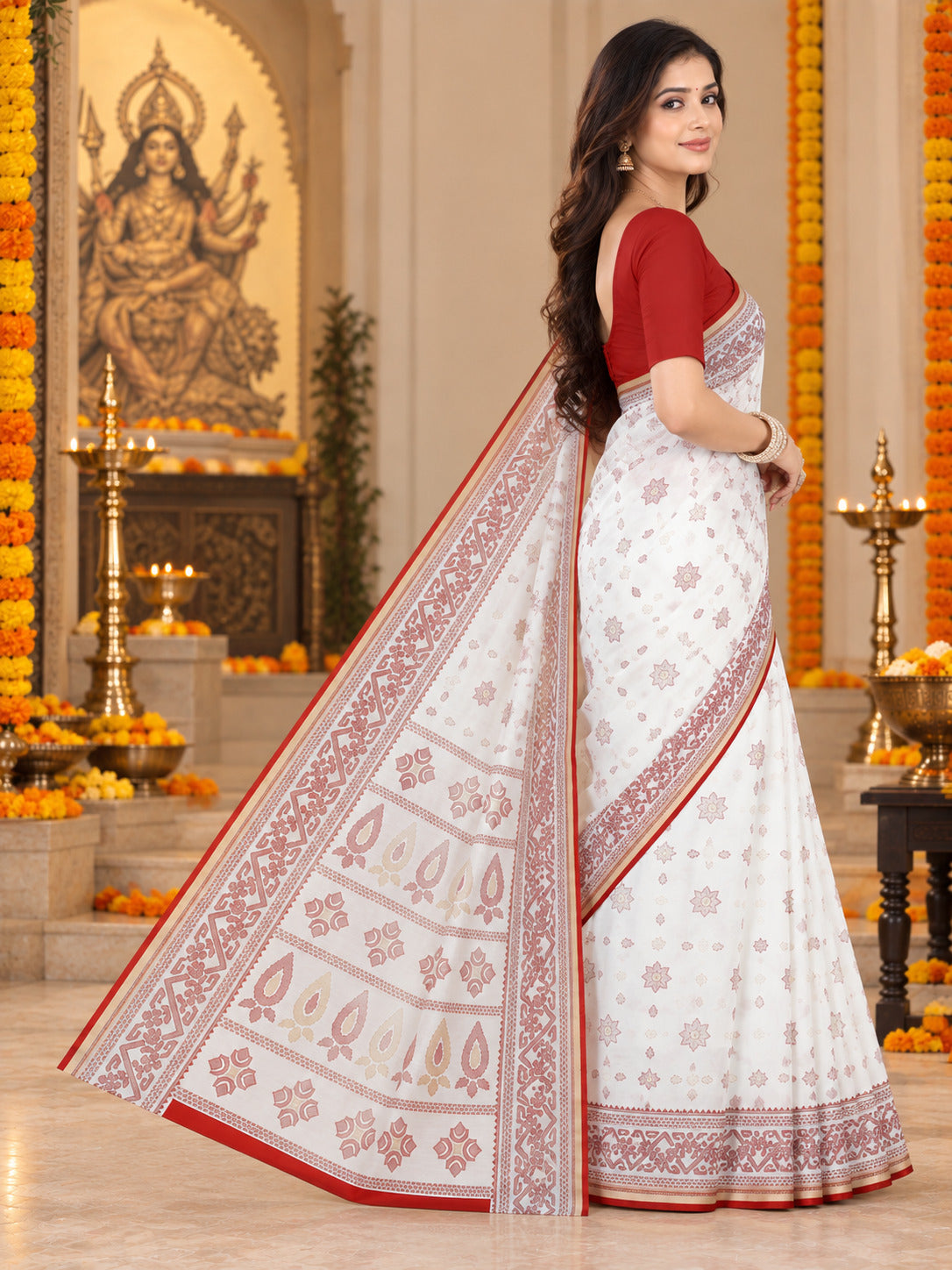 Red & White Bengali Saree for Durga Puja | Traditional Festive Saree with Printed Motifs & Border