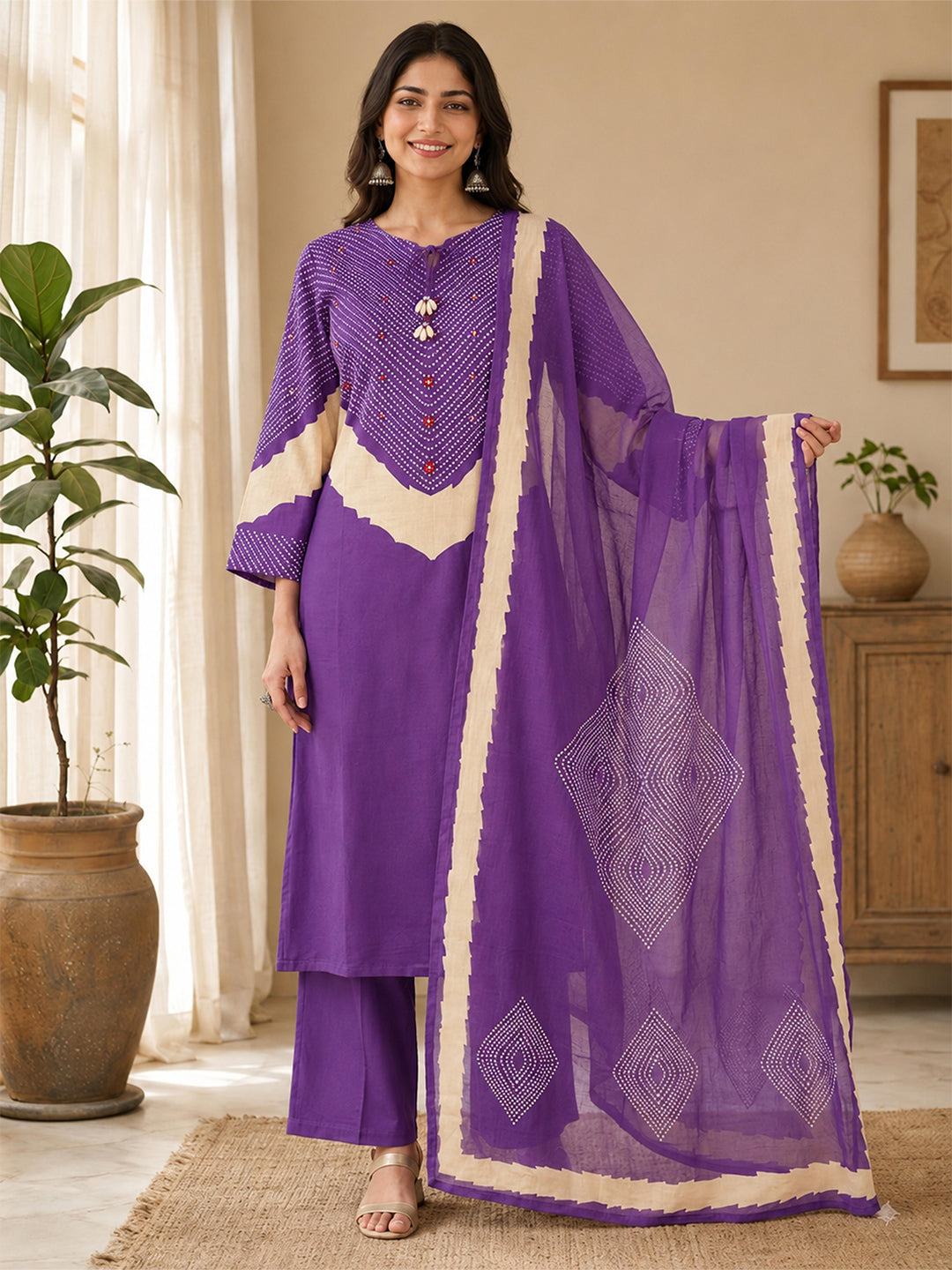 Himanshi Women Purple Pure Cotton Straight Kurta Set with Palazzo & Dupatta | Ank