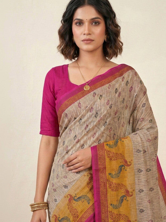 Minu fashions Printed Daily Wear Pure Cotton Saree (Cream)