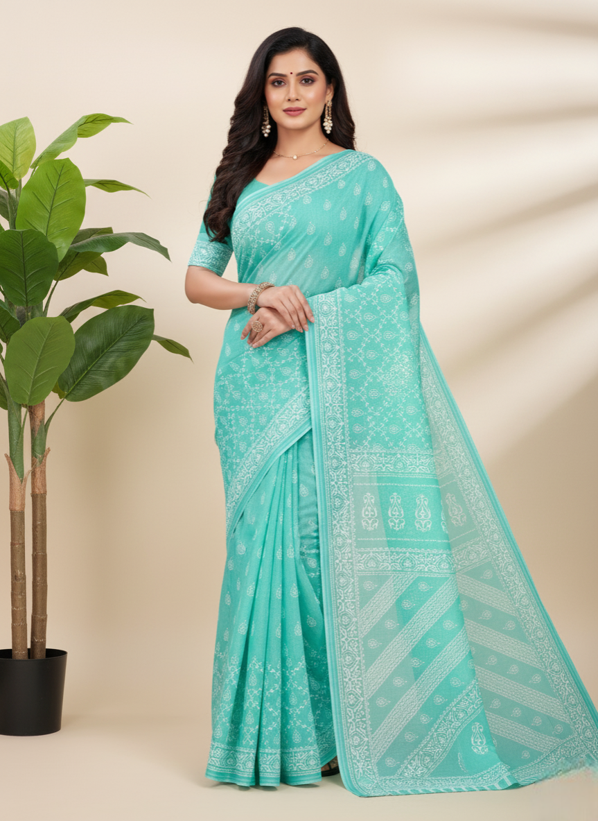 MINU SAREE PESTAL MAGIC Sea Green Cotton Printed Saree
