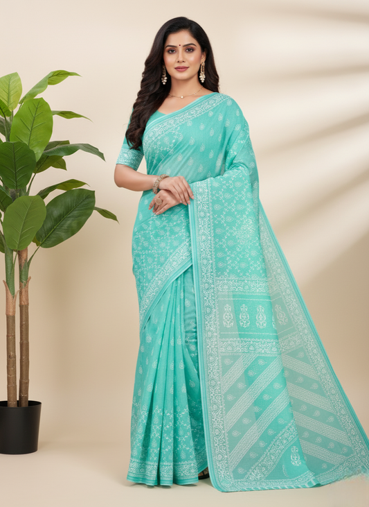 MINU SAREE PESTAL MAGIC Sea Green Cotton Printed Saree