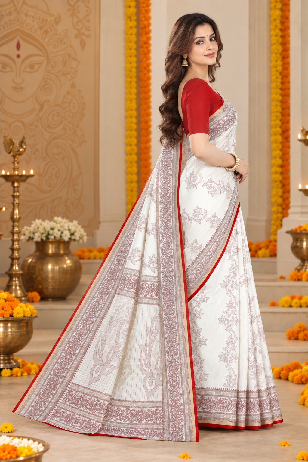 White & Red Bengali Saree for Durga Puja | Traditional Ethnic Motif Saree with Red Border
