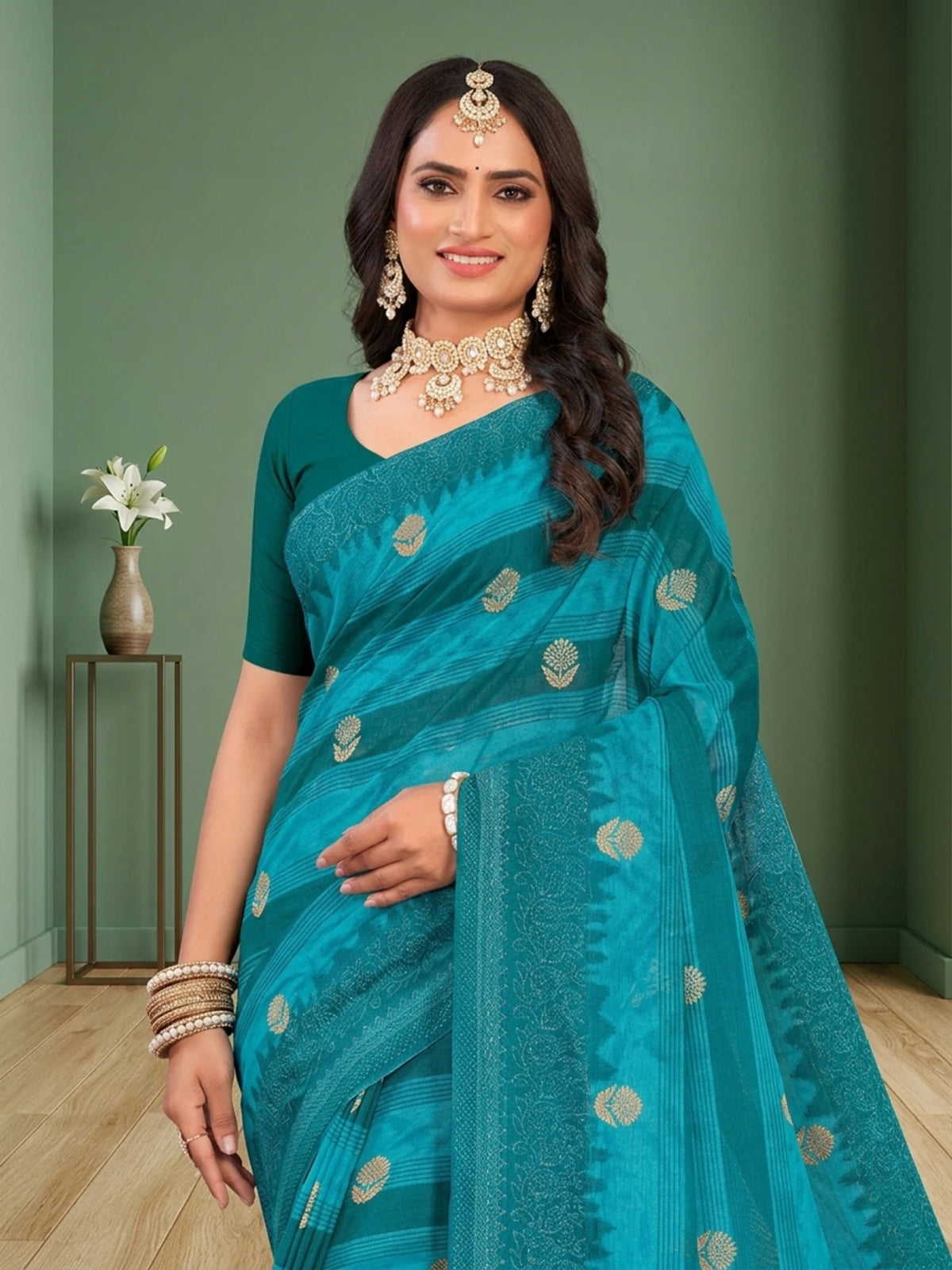 Minu fashions Printed Daily Wear Pure Cotton Saree (Dark Blue)