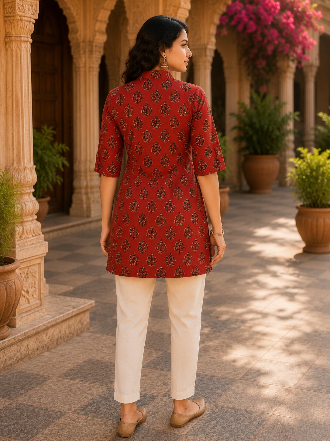 Minu Fashions Ayesha Ajrakh Floral Print Pure Cotton Straight Tunic Short Top for Women