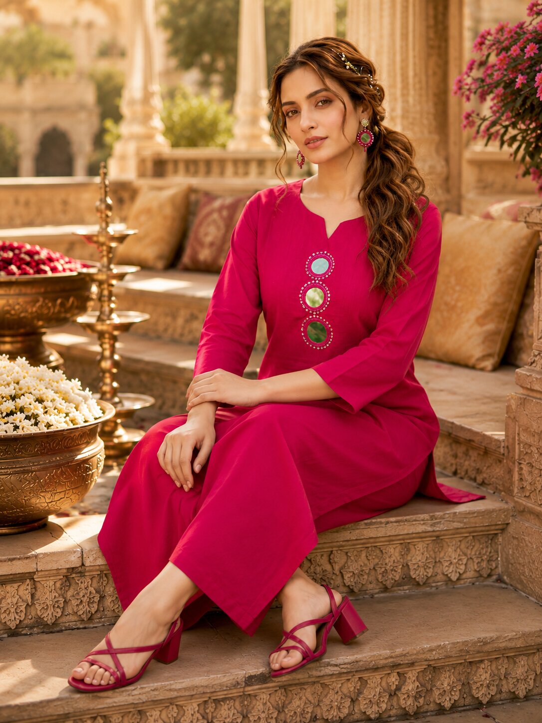 Purva Women Vartican Silk Straight Cut Kurti Set with Palazzo | Mirror & Beads Work | Women's Ethnic Wear
