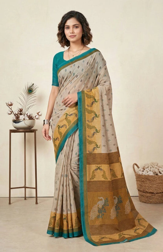 Minu Fashions Jiva Beige & Teal Cotton Linen Peacock Print Saree