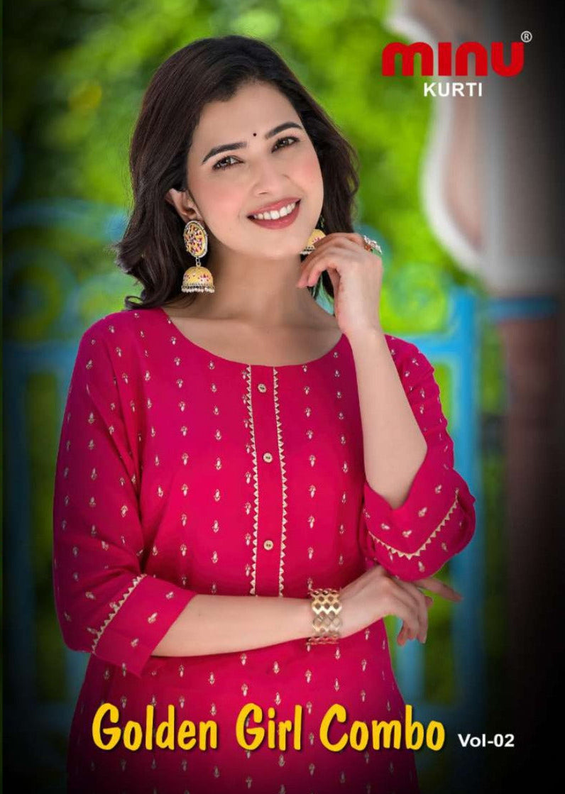 Golden Girl Combo Cotton Kurti Set Pink