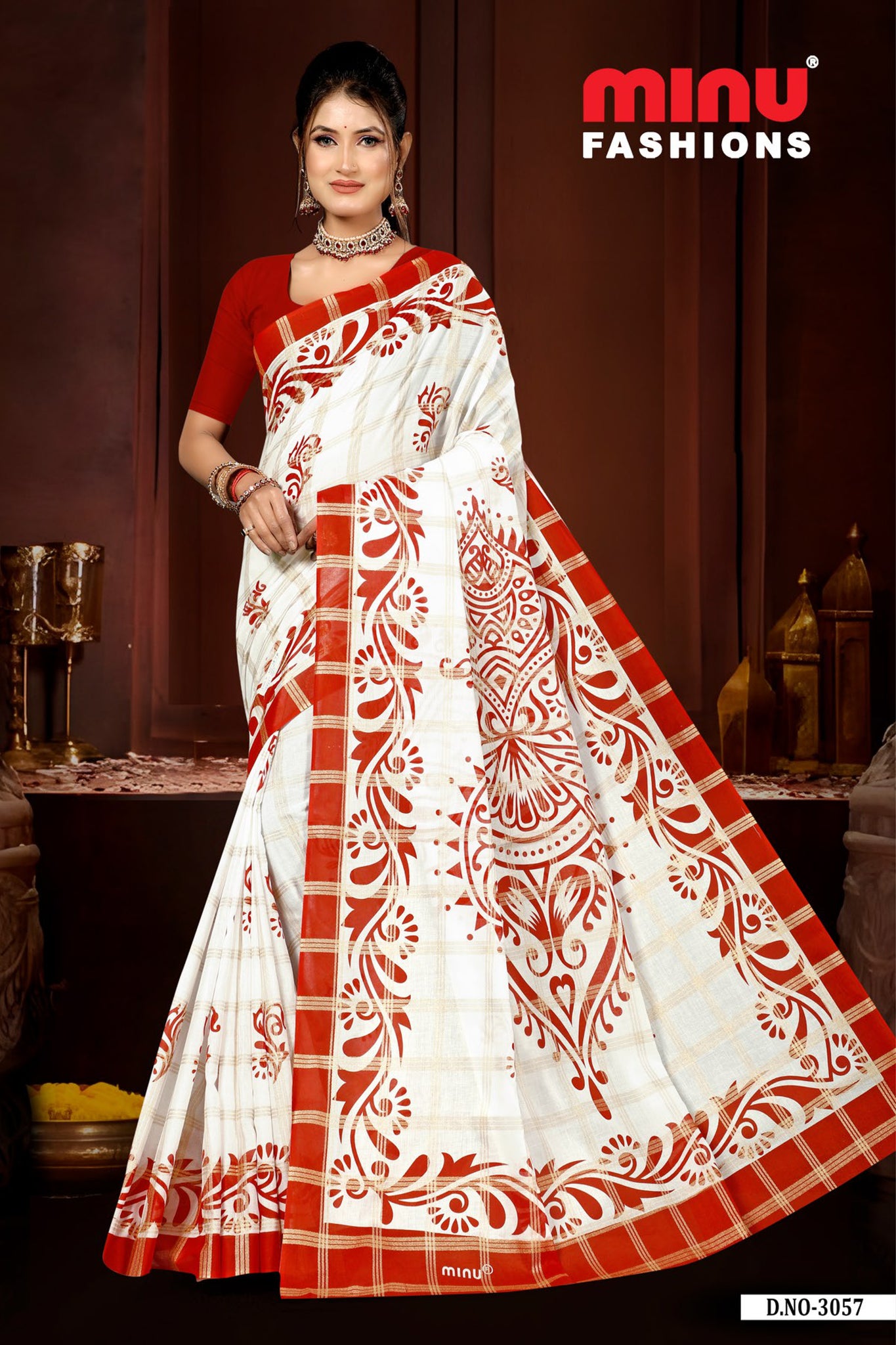 Saree Bijoya – Red & White Traditional Puja Saree