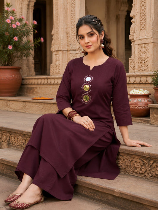 Minu Kurta-Set Purva Vartican Silk Straight Cut Kurti Set with Palazzo | Mirror & Beads Work | Women's Ethnic Wear | Ank