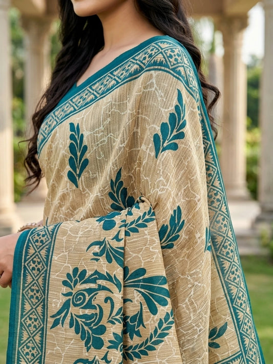 Minu fashions Printed Daily Wear Pure Cotton Saree (Dark Blue)