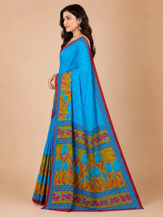 Minu fashions Printed, Floral Print Daily Wear Pure Cotton Saree (Blue)