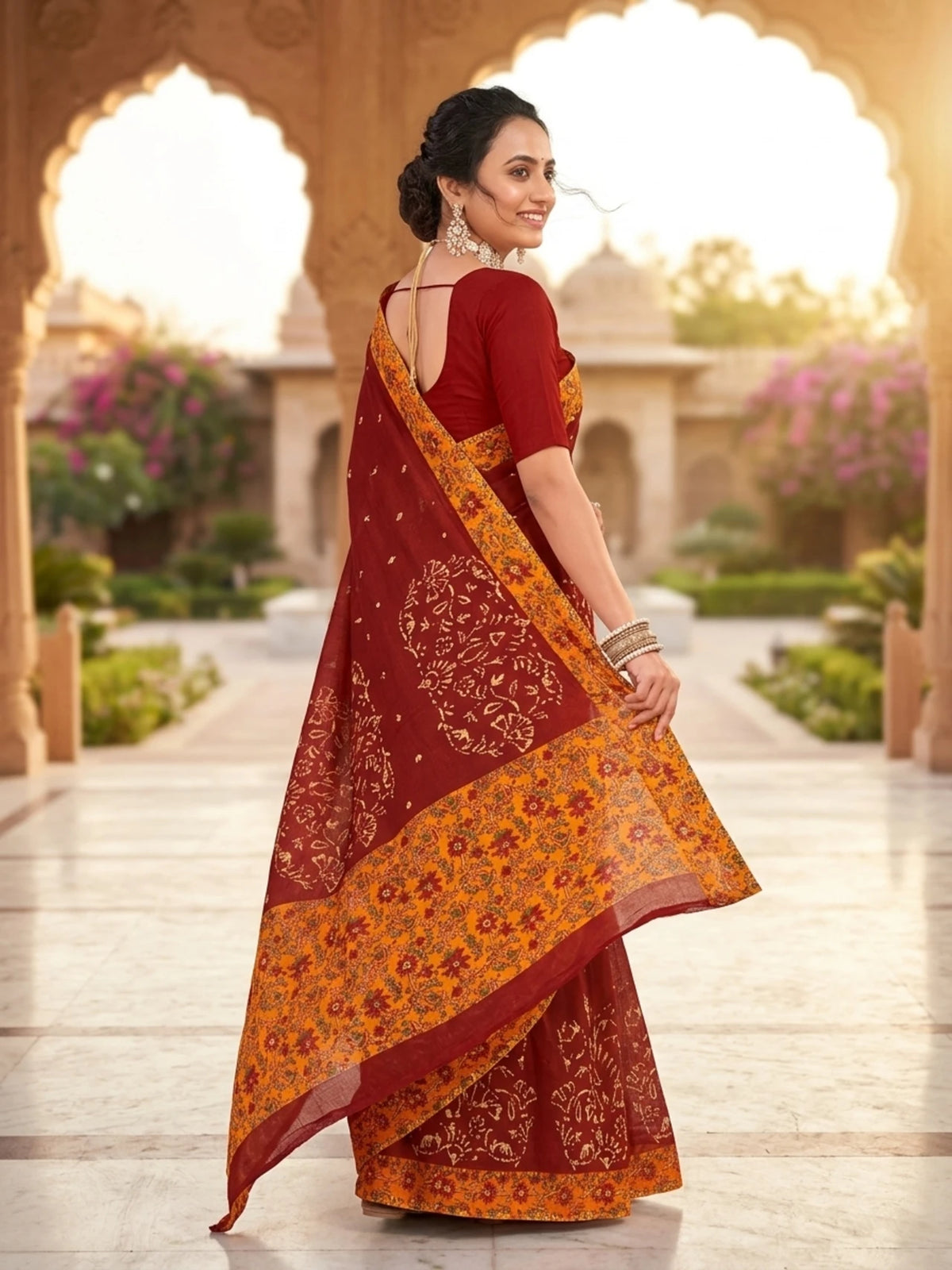 Minu fashions Printed Daily Wear Cotton Blend Saree (Maroon)