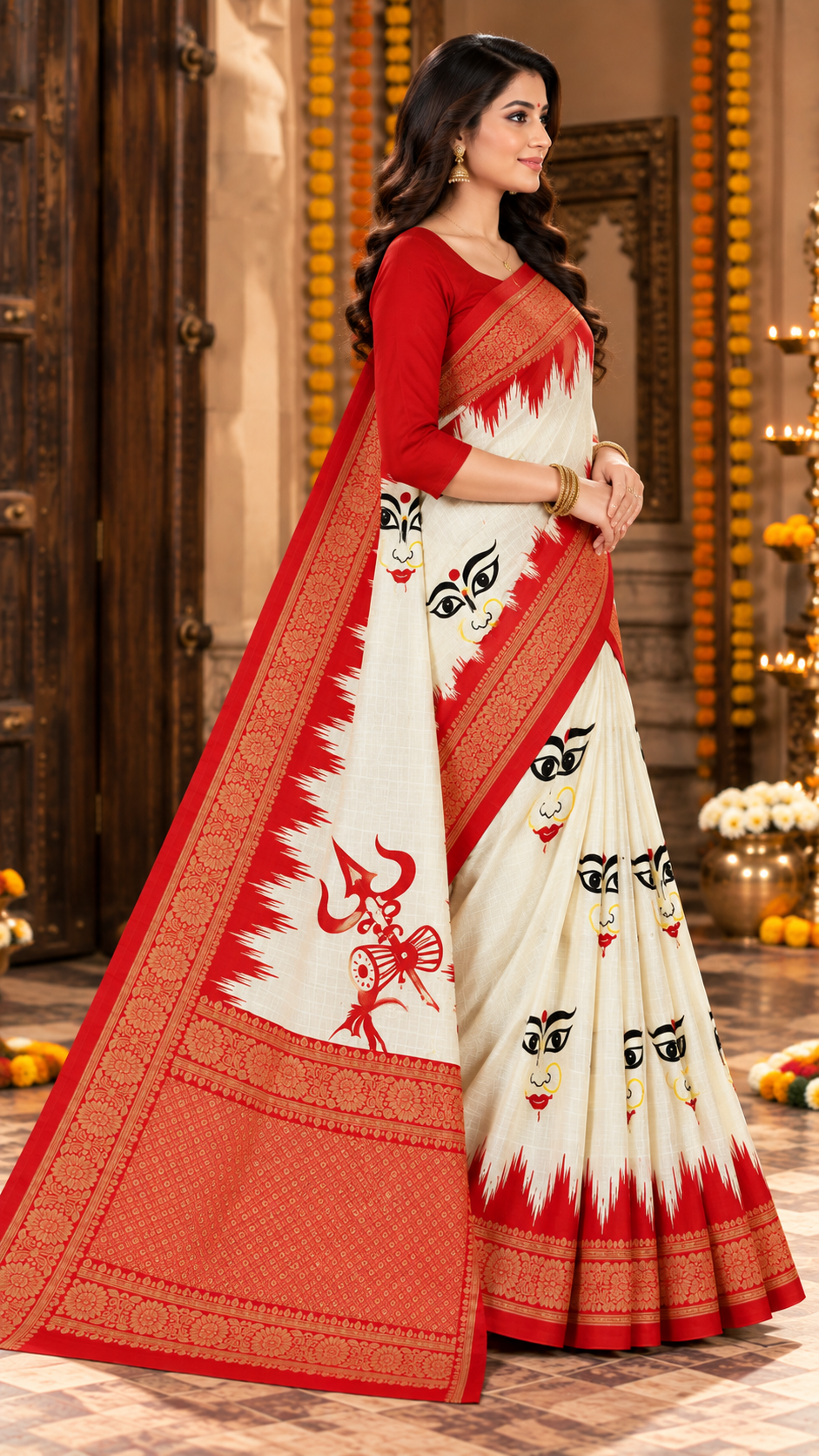Minu | Women Durga Puja Special Multicolor Malai Cotton Folk Art Printed Saree