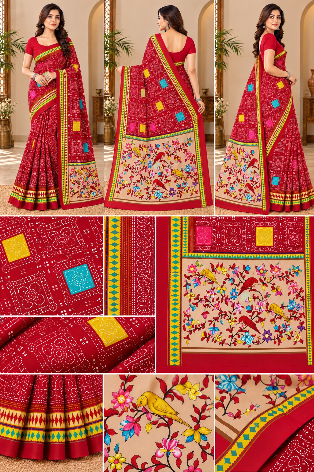 Minu | Women’s Multicolour Malai Cotton Folk-Art Madhubani Printed Saree with Contrast Border