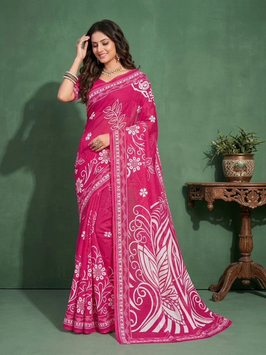 Minu fashions Printed Daily Wear Pure Cotton Saree (Pink)