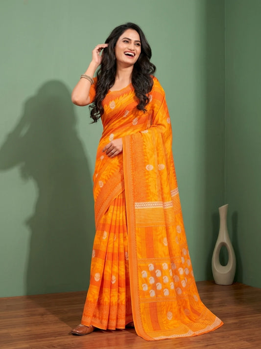 Minu fashions Floral Print Daily Wear Pure Cotton Saree (Yellow)