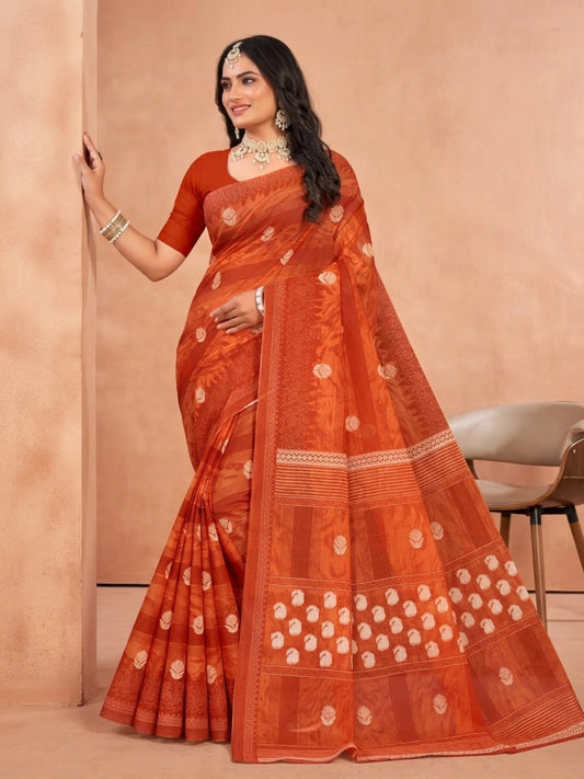 Minu fashions Floral Print Daily Wear Pure Cotton Saree (Orange)