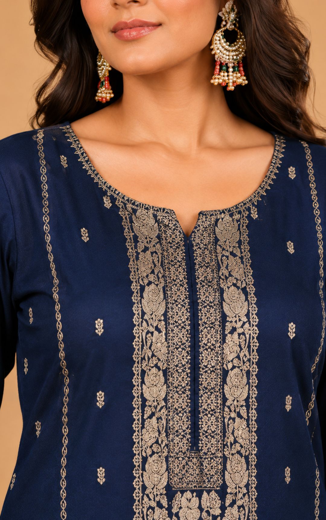 Women's Navy Blue Pure Cotton Woven Design Kurta with Trousers & Dupatta