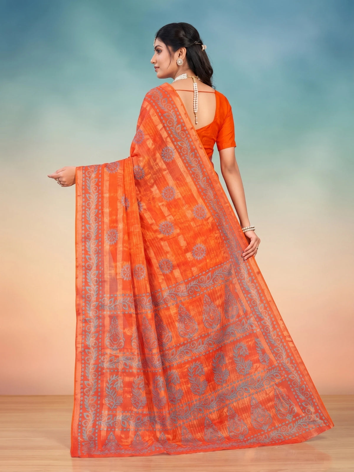 Minu fashions Printed Daily Wear Pure Cotton Saree ( Orange )