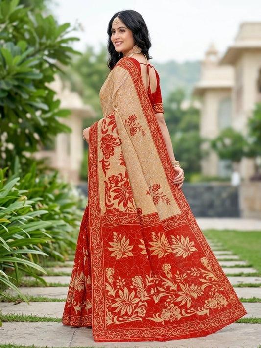 Minu fashions Printed Daily Wear Pure Cotton Saree (Red)