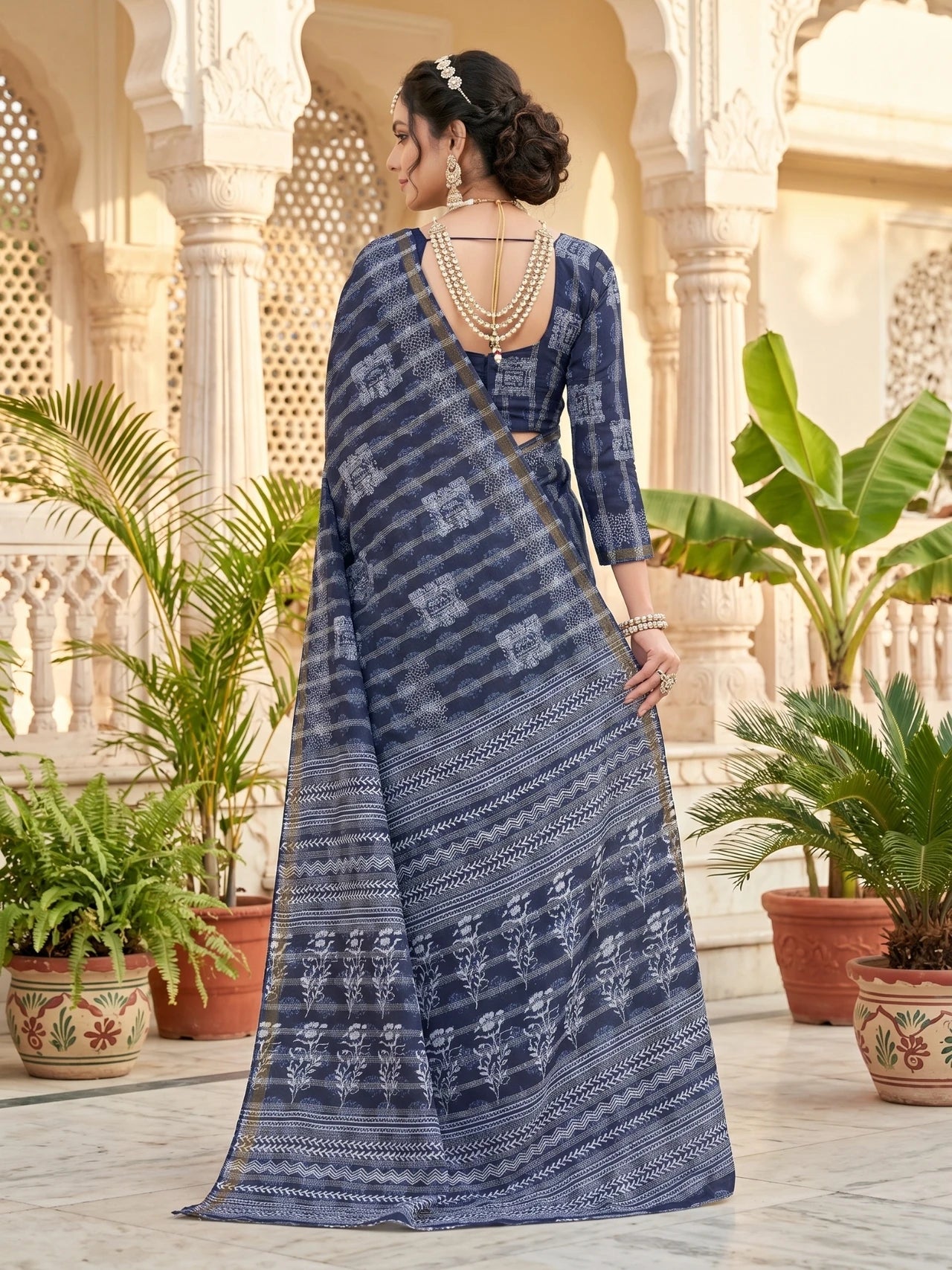 Minu fashions Printed Daily Wear Pure Cotton Saree (Blue)