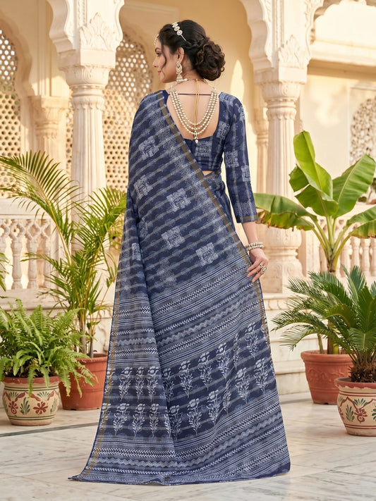 Minu fashions Printed Daily Wear Pure Cotton Saree (Blue)