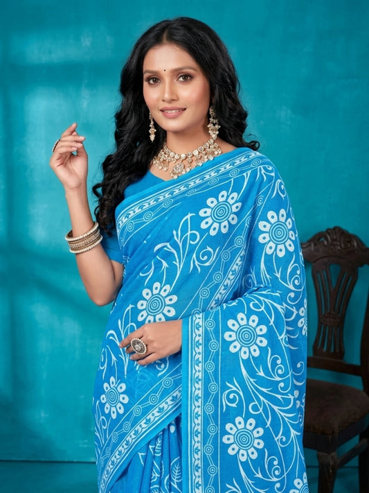 Minu fashions Printed Daily Wear Pure Cotton Saree (Blue)