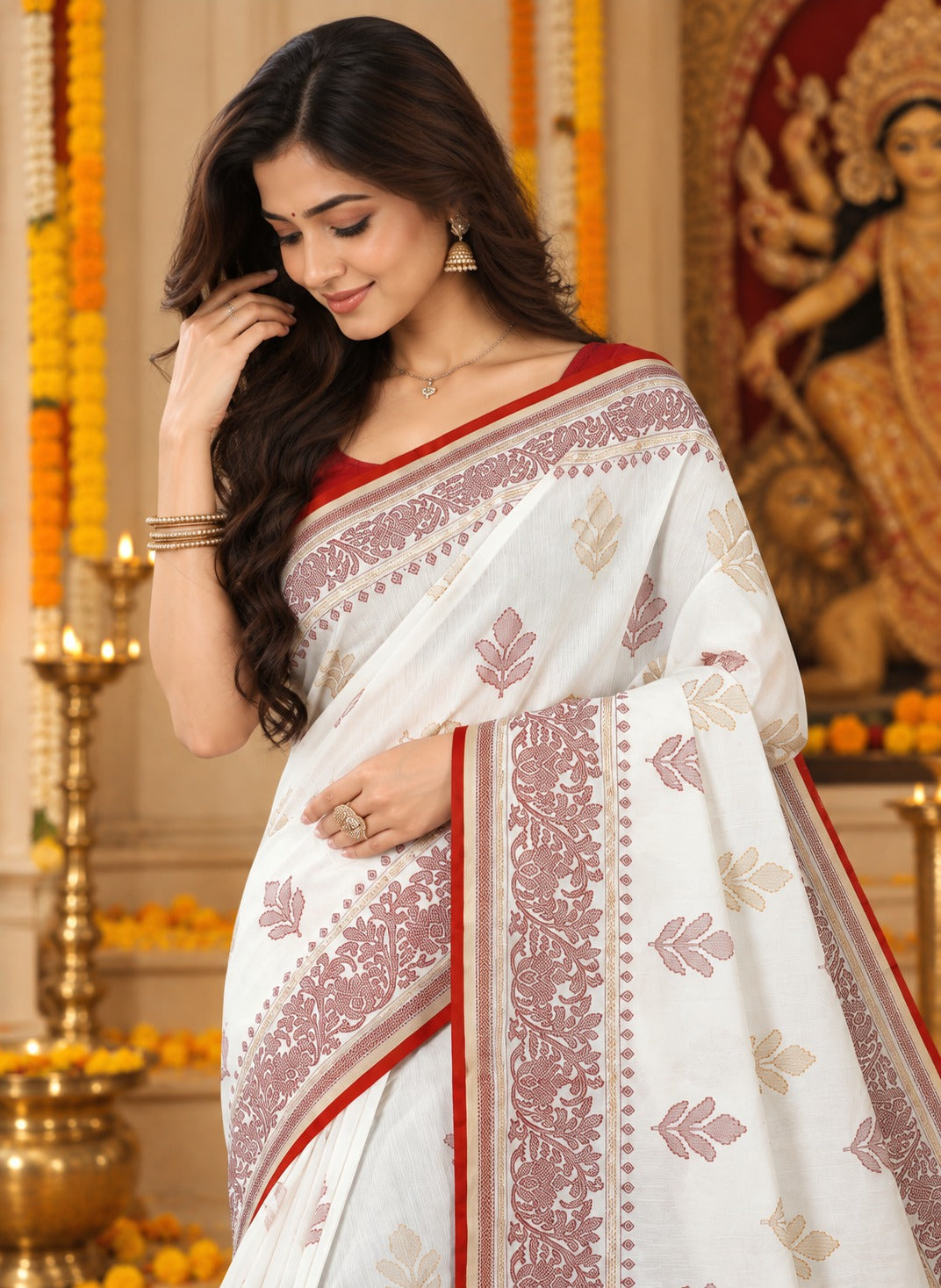Red & White Floral Bengali Saree for Durga Puja | Traditional Festive Saree with Elegant Motifs