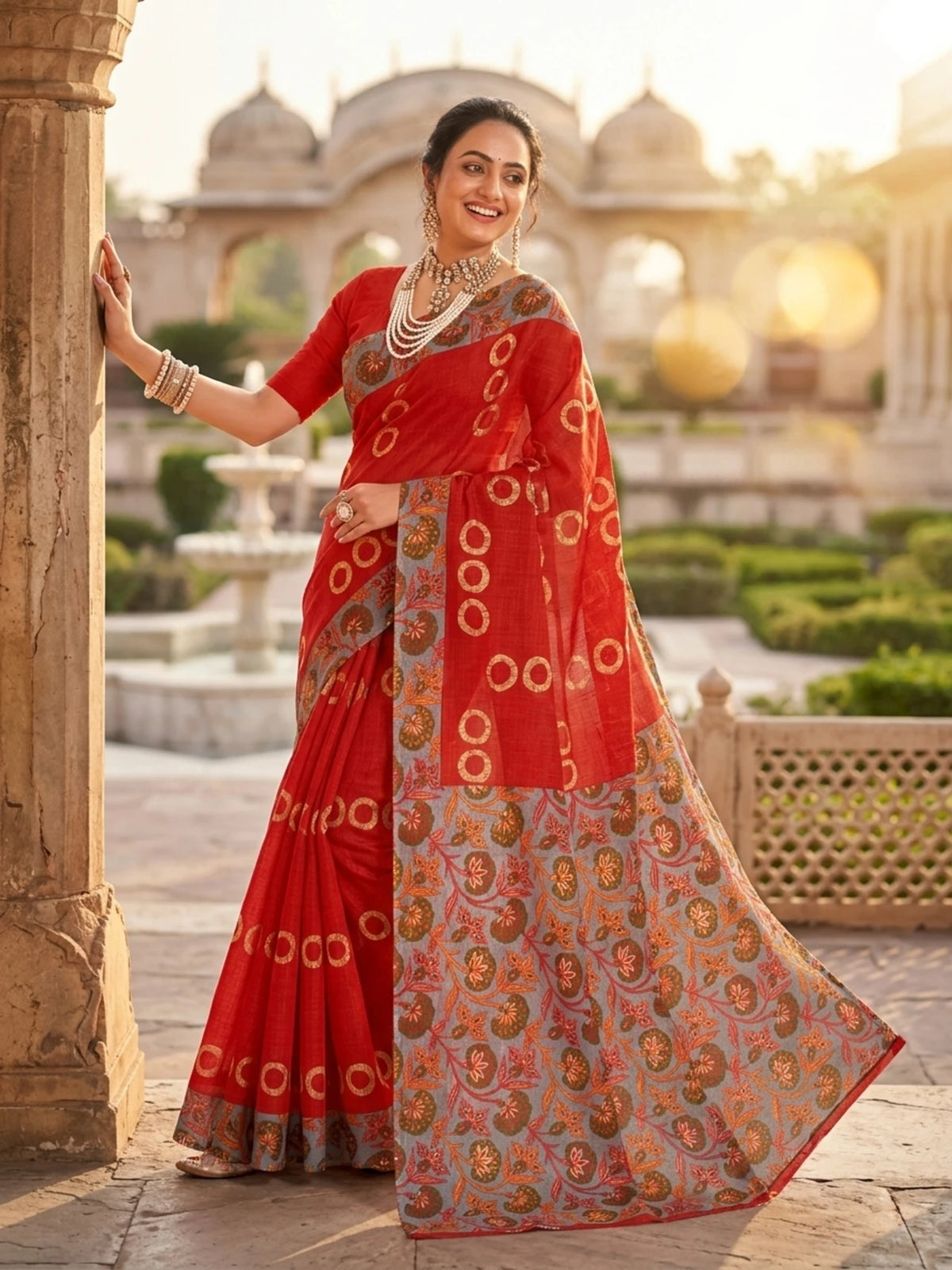 Minu fashions Printed Daily Wear Cotton Blend Saree (Red)