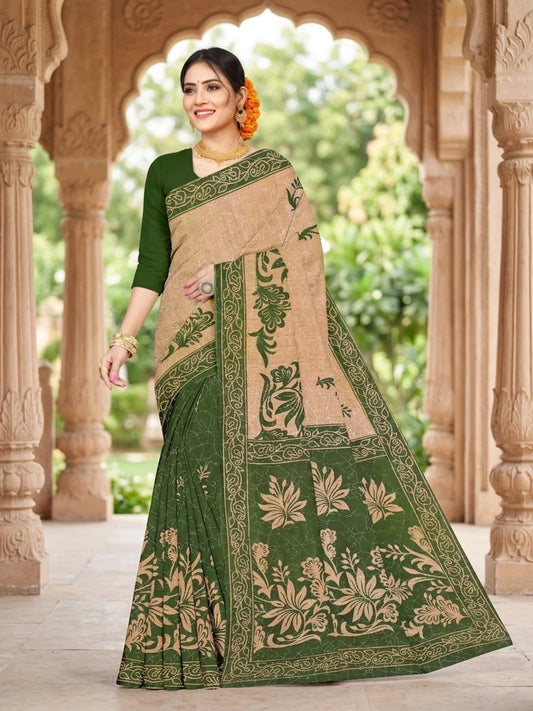 Minu fashions Printed Daily Wear Pure Cotton Saree (Green)