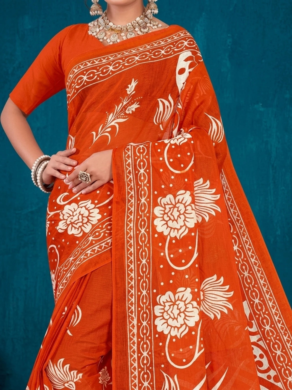 Minu fashions Printed Daily Wear Pure Cotton Saree (Orange)