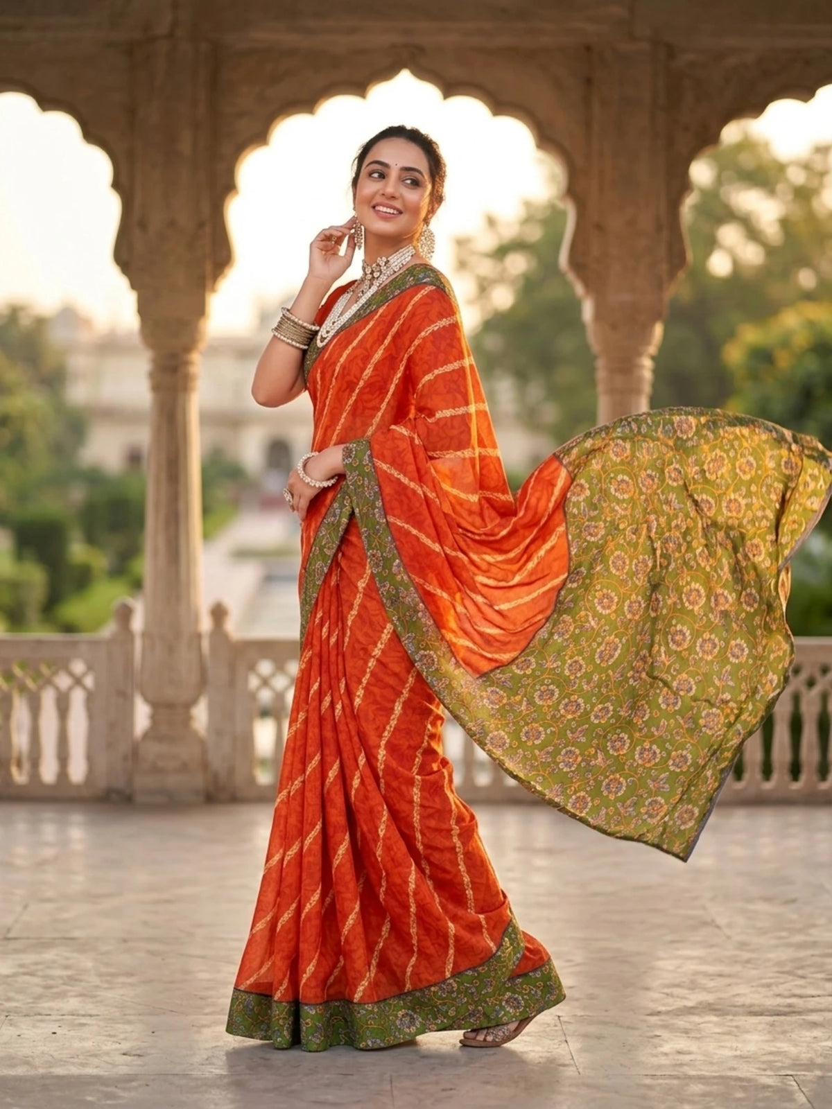 Minu fashions Printed Daily Wear Cotton Blend Saree (Orange)