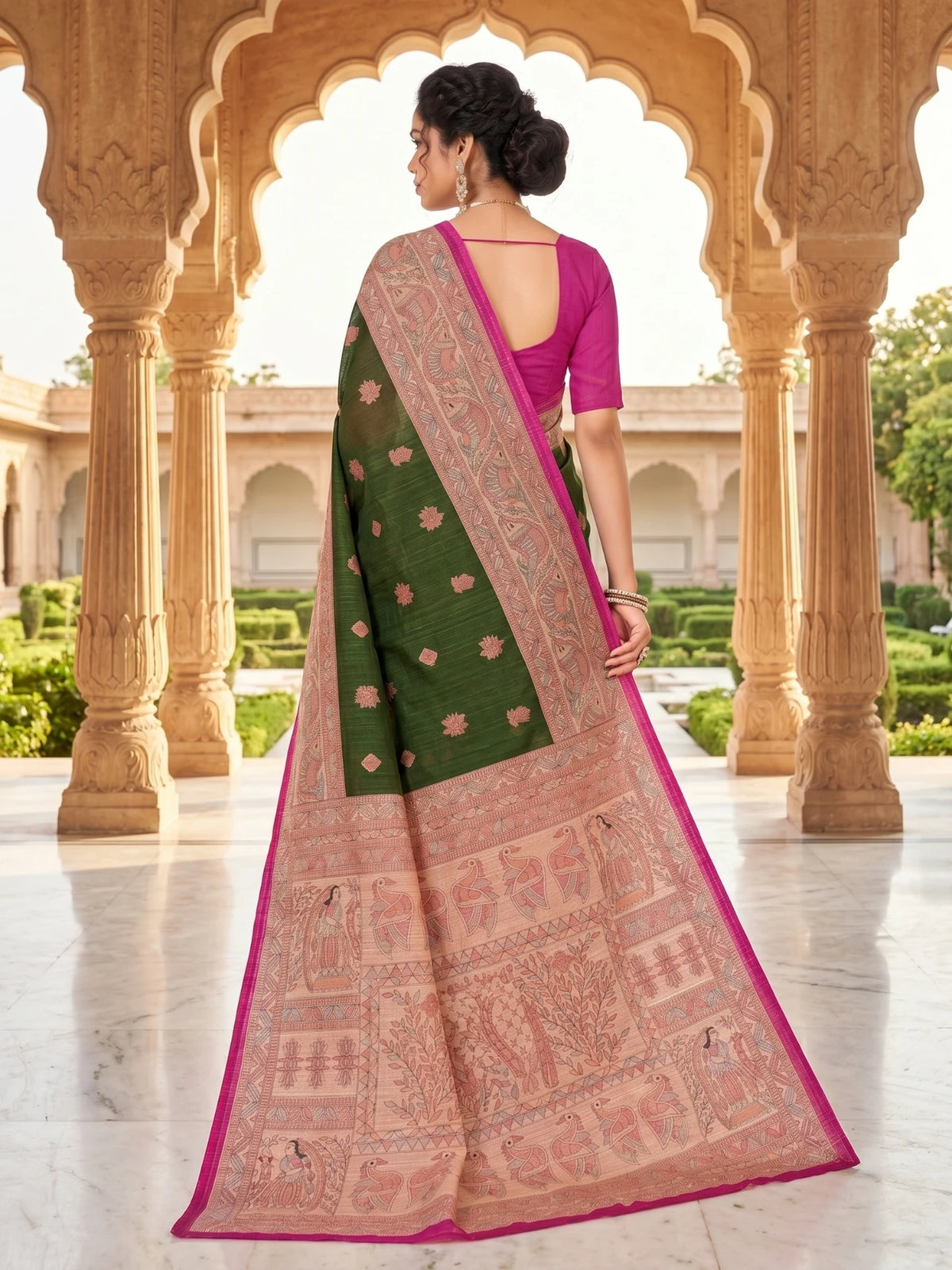 Minu fashions Printed Daily Wear Pure Cotton Saree (Green)